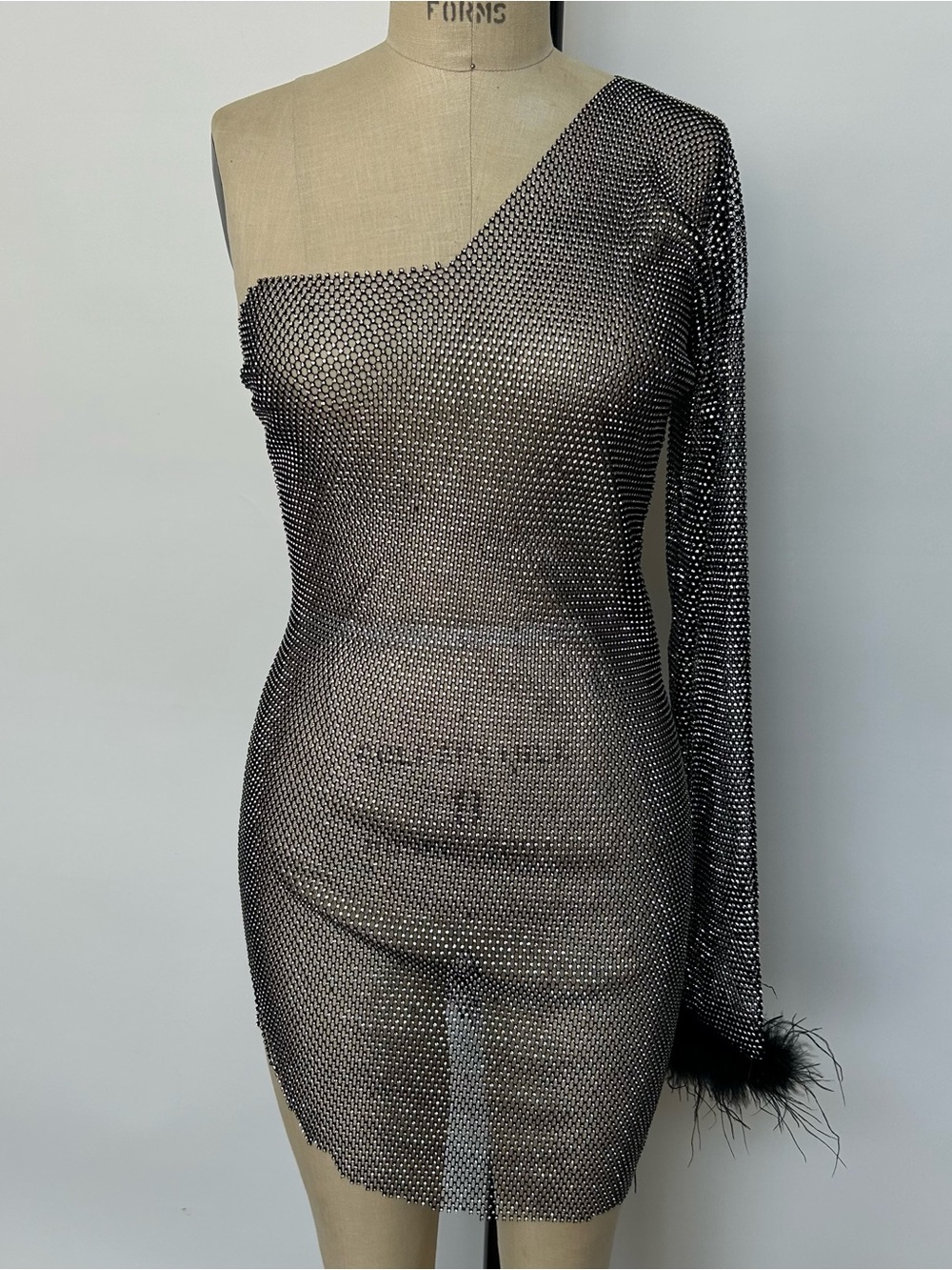 One-Shoulder Black Crystal Mesh Mini Dress